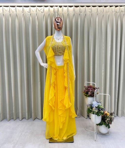 Party Wear Yellow Georgette Dhoti Style Suit Embroidered Blouse & Lace Dhoti with Ruffle Koti Best Seller  Ready To Wear Collection