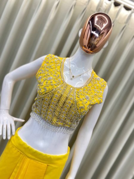 Party Wear Yellow Georgette Dhoti Style Suit Embroidered Blouse & Lace Dhoti with Ruffle Koti Best Seller  Ready To Wear Collection