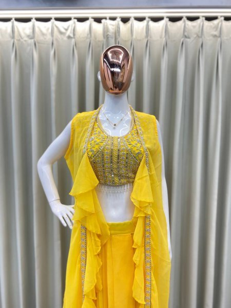 Party Wear Yellow Georgette Dhoti Style Suit Embroidered Blouse & Lace Dhoti with Ruffle Koti Best Seller  Ready To Wear Collection