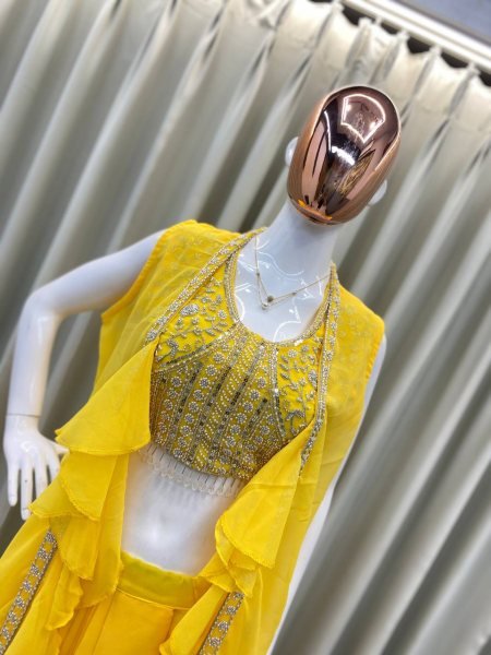 Party Wear Yellow Georgette Dhoti Style Suit Embroidered Blouse & Lace Dhoti with Ruffle Koti Best Seller  Ready To Wear Collection
