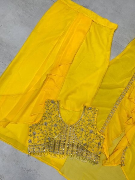 Party Wear Yellow Georgette Dhoti Style Suit Embroidered Blouse & Lace Dhoti with Ruffle Koti Best Seller  Ready To Wear Collection