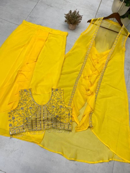 Party Wear Yellow Georgette Dhoti Style Suit Embroidered Blouse & Lace Dhoti with Ruffle Koti Best Seller  Ready To Wear Collection