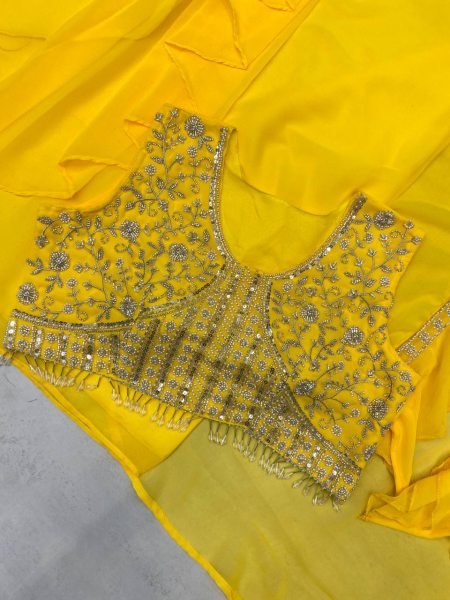 Party Wear Yellow Georgette Dhoti Style Suit Embroidered Blouse & Lace Dhoti with Ruffle Koti Best Seller  Ready To Wear Collection
