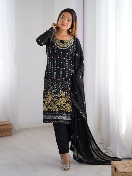 Partywear Faux Georgette Mirror Work Suit Set Full Stitched 3Pc Dress with Dupatta Wholesale Price for Resellers 