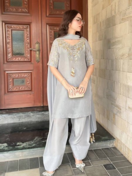 Pure Crepe Farshi Suit with Hand Beading &  Dupatta Festive  & Traditional Wear 