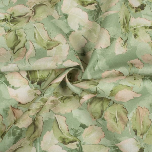 Pastel Green And Salmon Peach Leaf Pattern Georgette  Digital Print  Digital print 