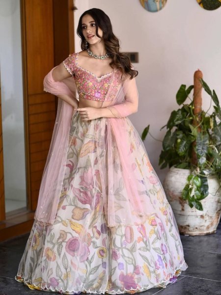 Pastel Pink Chinon Silk Lehenga with Embroidered Blouse & Net Dupatta Party Perfect 