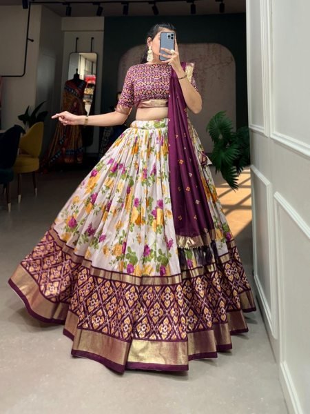 Patola Print Tussar Silk With Foil Work Lehnega Choli  Navratri Lehnega Choli