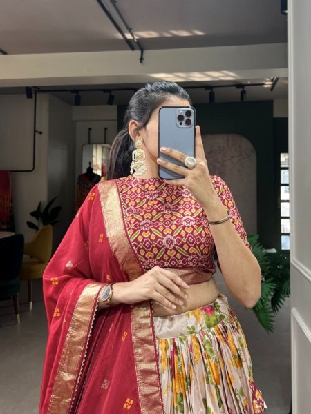 Patola Print Tussar Silk With Foil Work Lehnega Choli  Navratri Lehnega Choli
