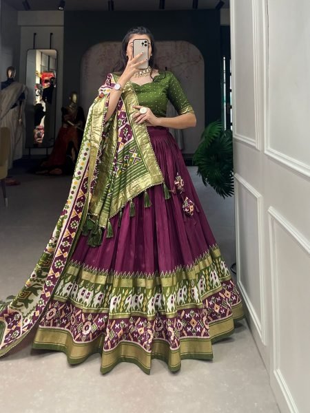 Patola Printed Tussar Silk Lehenga Choli Set Navratri Lehnega Choli