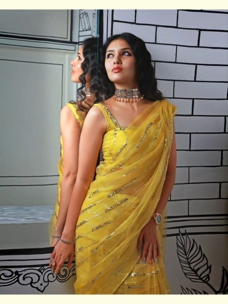 Peaceful Yellow Georgette Embroidery Sequence Work Saree  Georgette Sarees Wholesale