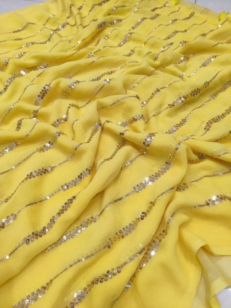 Peaceful Yellow Georgette Embroidery Sequence Work Saree  Georgette Sarees Wholesale
