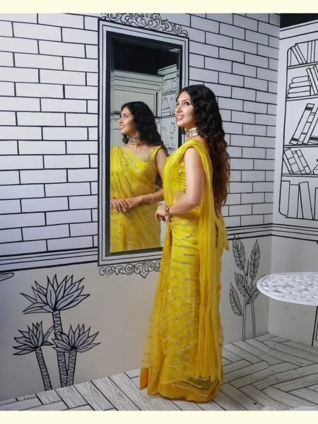 Peaceful Yellow Georgette Embroidery Sequence Work Saree  Georgette Sarees Wholesale