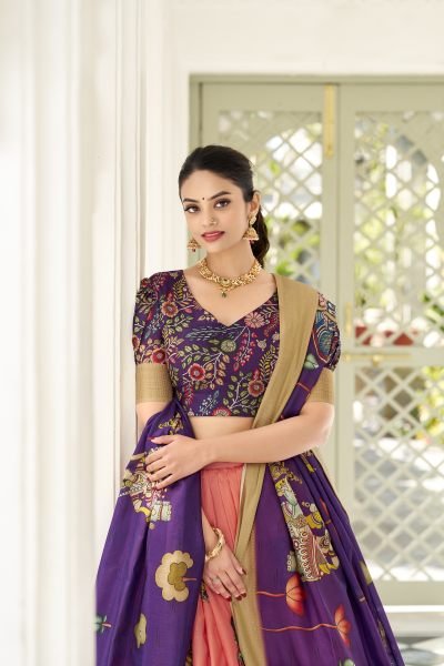 Peach Color Dola Silk Designer Kalamkari Print Lehenga Choli Half Saree Lehenga