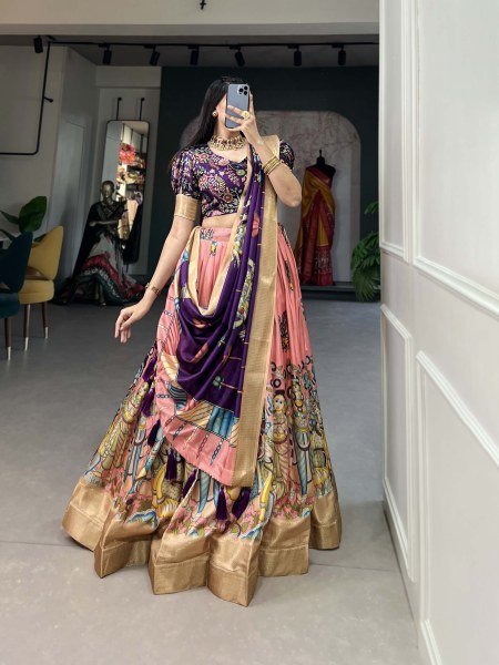 Peach Color Dola Silk Designer Kalamkari Print Lehenga Choli Half Saree Lehenga
