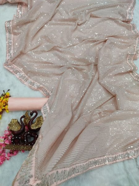 Peach Color Embroidered Saree With Blouse Piece Georgette Sarees Wholesale