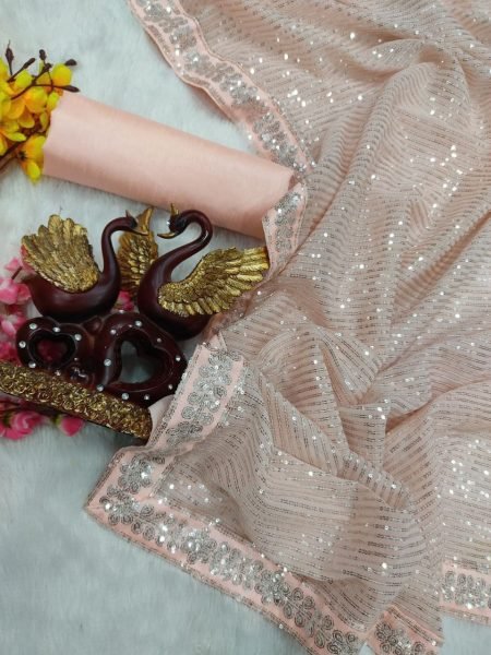 Peach Color Embroidered Saree With Blouse Piece Georgette Sarees Wholesale