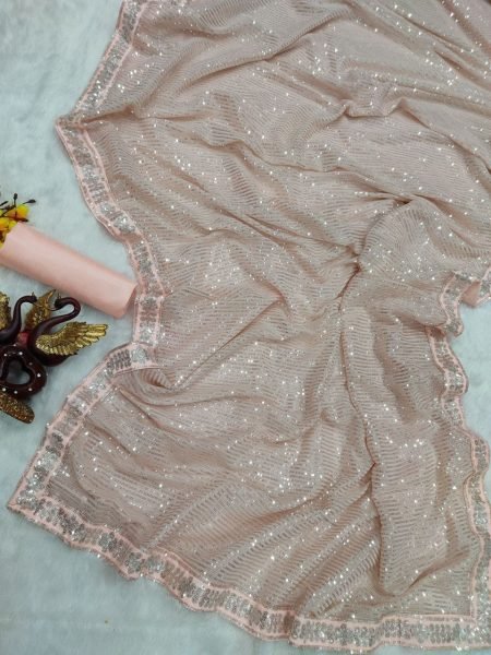 Peach Color Embroidered Saree With Blouse Piece Georgette Sarees Wholesale