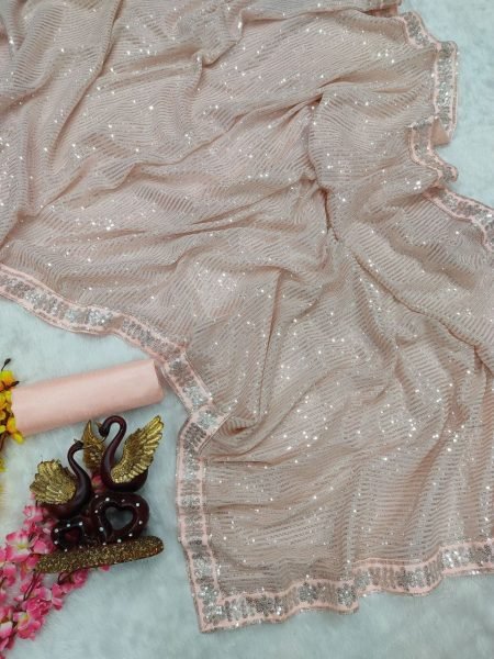 Peach Color Embroidered Saree With Blouse Piece Georgette Sarees Wholesale