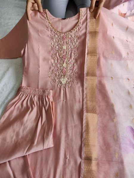 Peach Color Hand Work Roman Silk Kurti Pant With Dupatta  3 Piece Kurti Set
