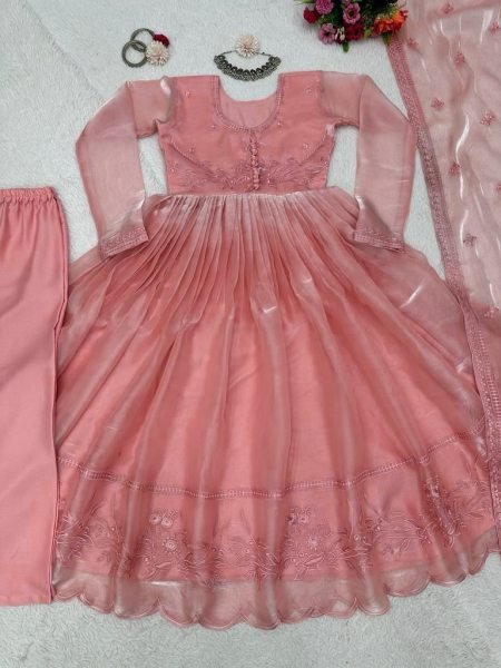 Peach Colour Thread Embroidered Anarkali Gown  Ready To Wear Collection