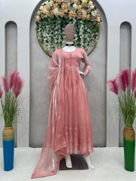 Peach Colour Thread Embroidered Anarkali Gown  Ready To Wear Collection