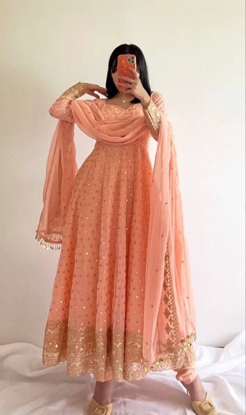 Peach Georgette Anarkali With Churidar And Sequin Dupatta Set Ready To Wear Collection