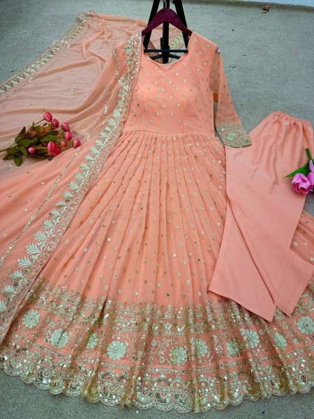 Peach Georgette Anarkali With Churidar And Sequin Dupatta Set Ready To Wear Collection