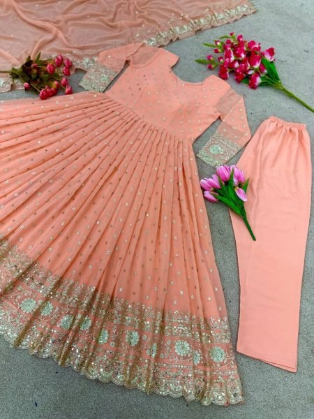 Peach Georgette Anarkali With Churidar And Sequin Dupatta Set Ready To Wear Collection