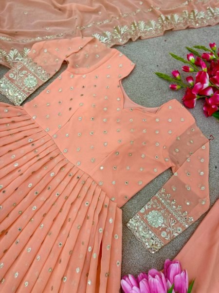 Peach Georgette Anarkali With Churidar And Sequin Dupatta Set Ready To Wear Collection