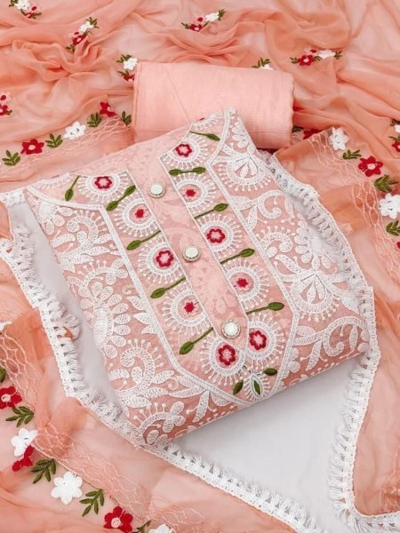 Peach Luxe Charm Chanderi Lucknow Work Suit with Soft Dupatta & Crape Bottom Color Set Matching Dress Material Wholesale