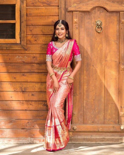 Peach Pink Lichi Silk Saree with Golden Zari and Rich Jacquard Pallu Perfect Wedding Wear South Indian Saree 