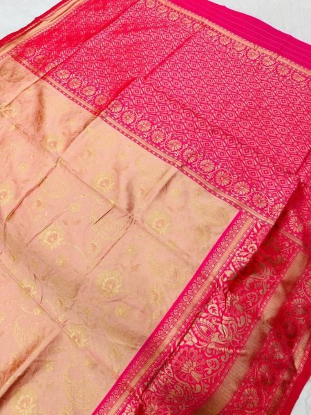 Peach Pink Lichi Silk Saree with Golden Zari and Rich Jacquard Pallu Perfect Wedding Wear South Indian Saree 