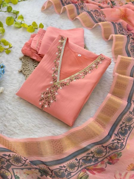 Peach Roman Silk Kurti Set with Miyani Pant & Digital Chanderi Dupatta Festive 3PC Wear for Wholesale Price