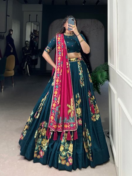 Peacock Blue Tussar Silk Foil Work Lehenga Choli with Dupatta Designer Lehenga Choli at Wholesale Deal for Ghagra Choli Buyers 