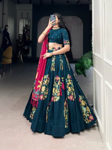 Peacock Blue Tussar Silk Foil Work Lehenga Choli with Dupatta Designer Lehenga Choli at Wholesale Deal for Ghagra Choli Buyers Navratri Lehnega Choli