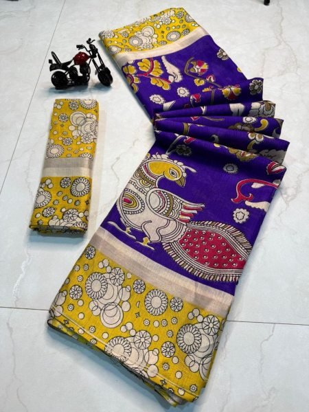 Peacock Design Kalamkari Print Cotton Silk Saree Trendy Look with All Over Small Border Elegant Multi Color Options for Resellers Printed Cotton Sarees Wholesale