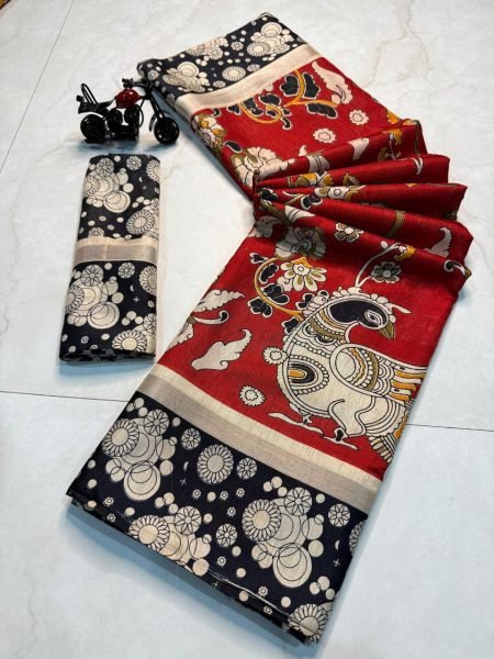 Peacock Design Kalamkari Print Cotton Silk Saree Trendy Look with All Over Small Border Elegant Multi Color Options for Resellers Printed Cotton Sarees Wholesale