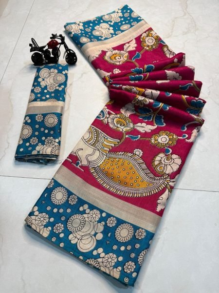 Peacock Design Kalamkari Print Cotton Silk Saree Trendy Look with All Over Small Border Elegant Multi Color Options for Resellers Printed Cotton Sarees Wholesale