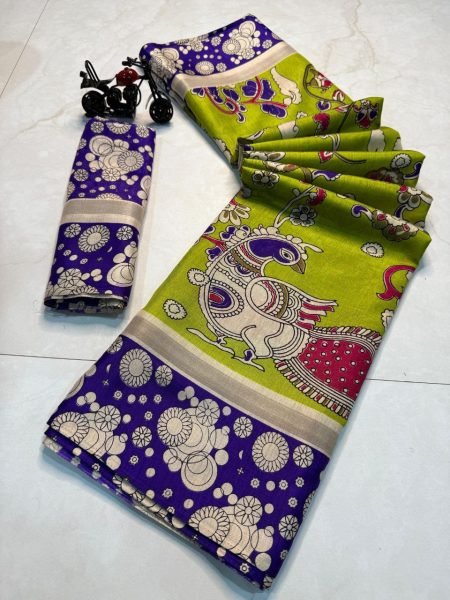 Peacock Design Kalamkari Print Cotton Silk Saree Trendy Look with All Over Small Border Elegant Multi Color Options for Resellers Printed Cotton Sarees Wholesale