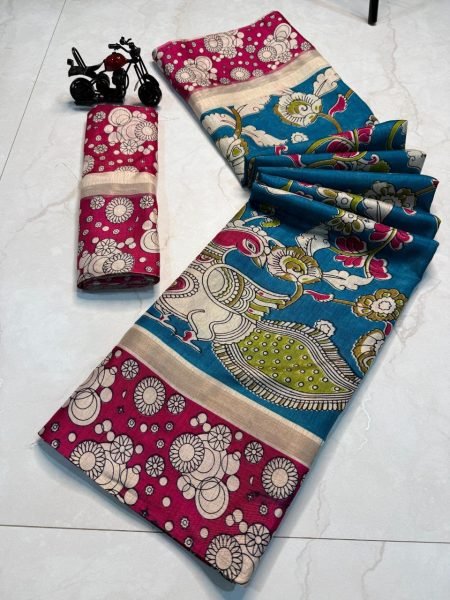 Peacock Design Kalamkari Print Cotton Silk Saree Trendy Look with All Over Small Border Elegant Multi Color Options for Resellers Printed Cotton Sarees Wholesale