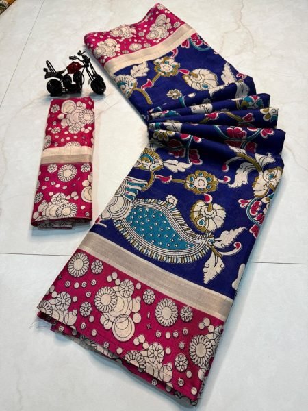 Peacock Design Kalamkari Print Cotton Silk Saree Trendy Look with All Over Small Border Elegant Multi Color Options for Resellers Printed Cotton Sarees Wholesale