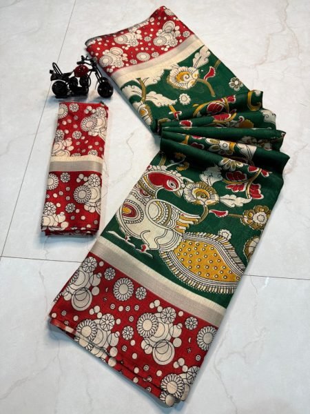 Peacock Design Kalamkari Print Cotton Silk Saree Trendy Look with All Over Small Border Elegant Multi Color Options for Resellers Printed Cotton Sarees Wholesale