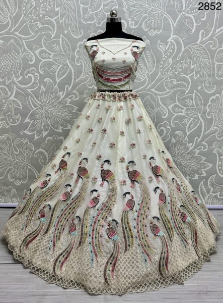 Peacock Pattern Multi-Thread Embroidered Net Lehenga Choli 2025 Partywear Collection from Surat Manufacturer Bridal Lehenga Choli