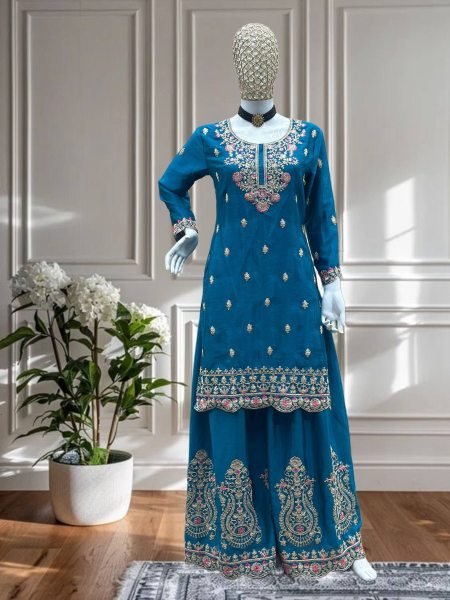 Peacock Shine Chinon Embroidered Suit Set Festive Favorite for Evening Events  Ready To Wear Suit
