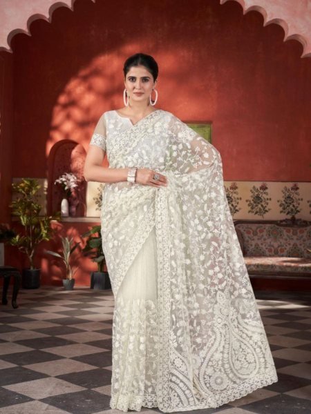 Pearl Glow in White Net Saree with Chain Stitch & Stone Work for Weddings Net Sarees Wholesale