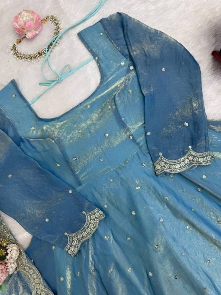 Pearlescent Fendy Silk Thread Sequin Work Anarkali Plazo Set for Exporters Anarkali Kurtis 