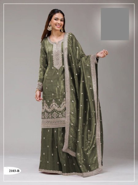 Pearlescent Green Fully Stitch Gold Crush Suit with Embroidery Work for Retail Buyers 