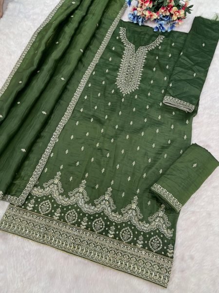 Pearlescent Green Fully Stitch Gold Crush Suit with Embroidery Work for Retail Buyers Designer Plazzo Salwar Suits Wholesale