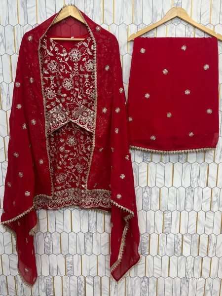 Pearlescent Red Ready to Wear Full Flair Stitched Plazo Suit Set with Festive Wear Ready To Wear Suit